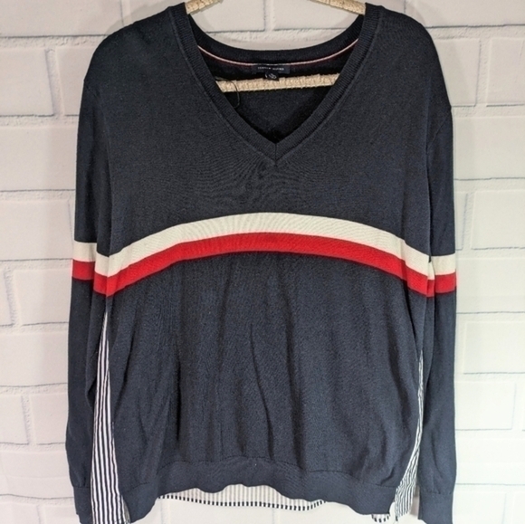 Tommy Hilfiger Navy Striped Sweater Woven Back Panel - Picture 1 of 4